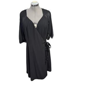 Adrianna Papell Black Wrap Dress Size 16 Sheer Balloon Sleeves Midi Cocktail
